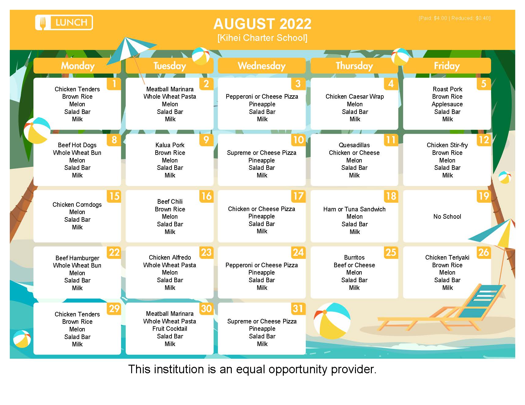 Lunch Menu August 2022